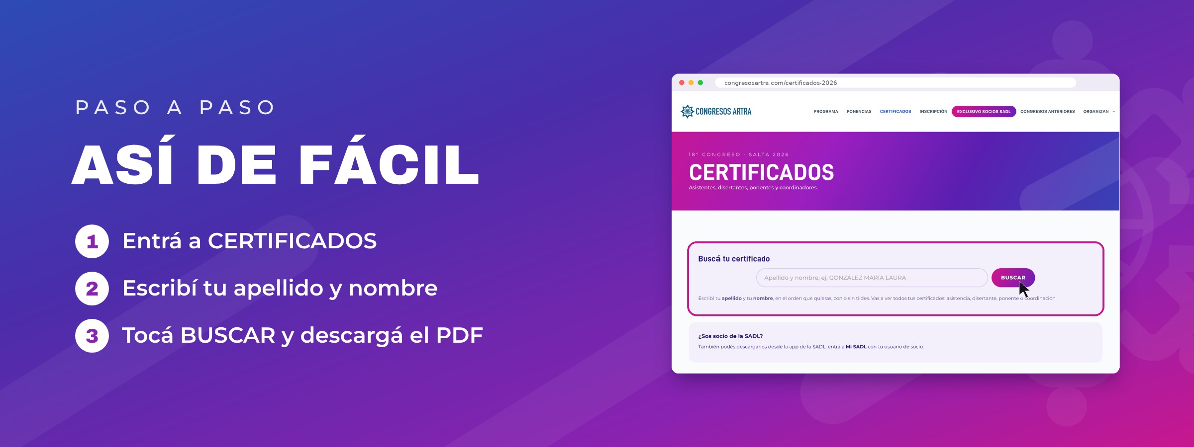 Paso a paso: entrá a Certificados, escribí tu apellido y nombre, tocá Buscar y descargá el PDF